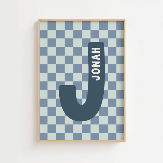 Personalised Checkerboard Initial Print – Blue & Mint