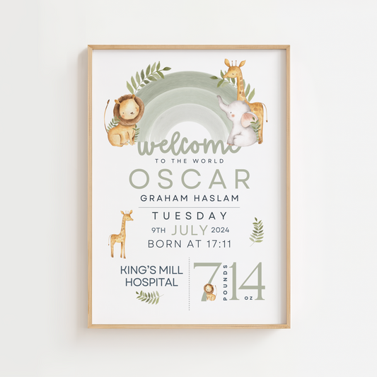Green Animal Rainbow Birth Poster