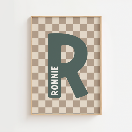 Personalised Checkerboard Initial Print – Green & Beige