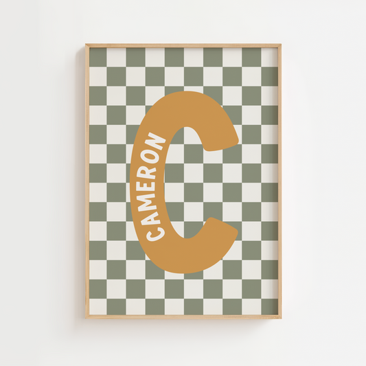 Personalised Checkerboard Initial Print – Mustard & Green (Copy)
