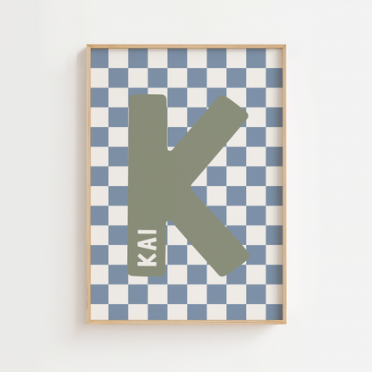 Personalised Checkerboard Initial Print – Blue & Green