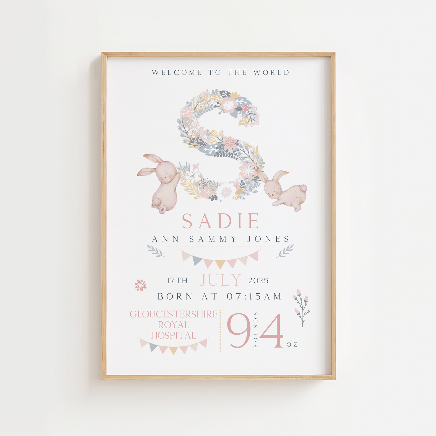 Floral Bunny Birth Poster