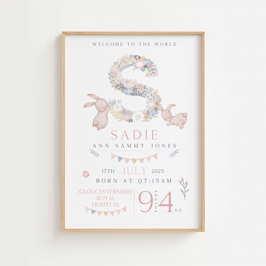 Floral Bunny Birth Poster