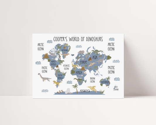 Dinosaur World Map Print - Blue - Personalisable