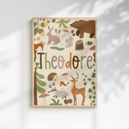 Personalised Woodland Name Print - Beige