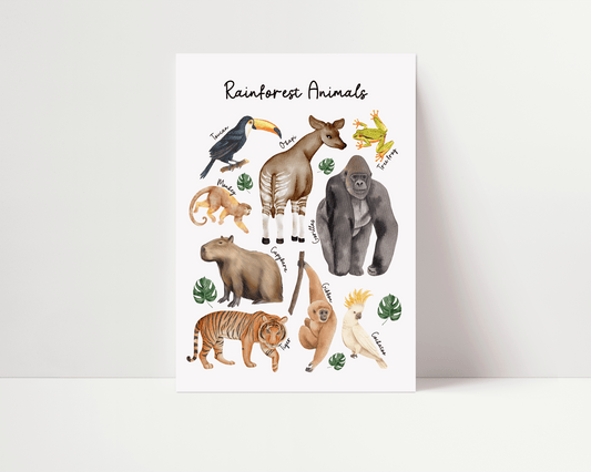 Watercolour Rainforest Animals Art Print