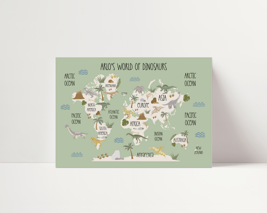 Dinosaur World Map Print - Sage Green - Personalisable