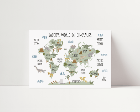 Copy of Dinosaur World Map Print - Sage Green - Personalisable