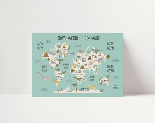 Dinosaur World Map Print - Sea Green - Personalisable