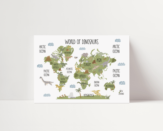 Dinosaur World Map Print - Khaki Green - Personalisable
