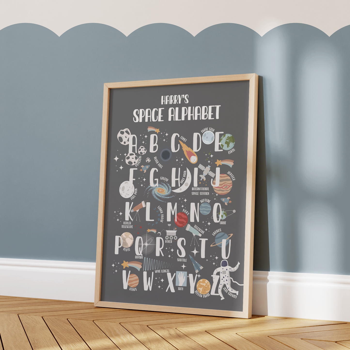 Personalised Space Alphabet Educational Print - Dark