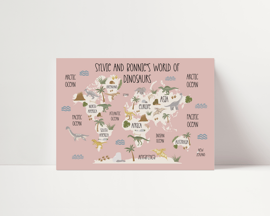Dinosaur World Map Print - Dusky Pink - Personalisable
