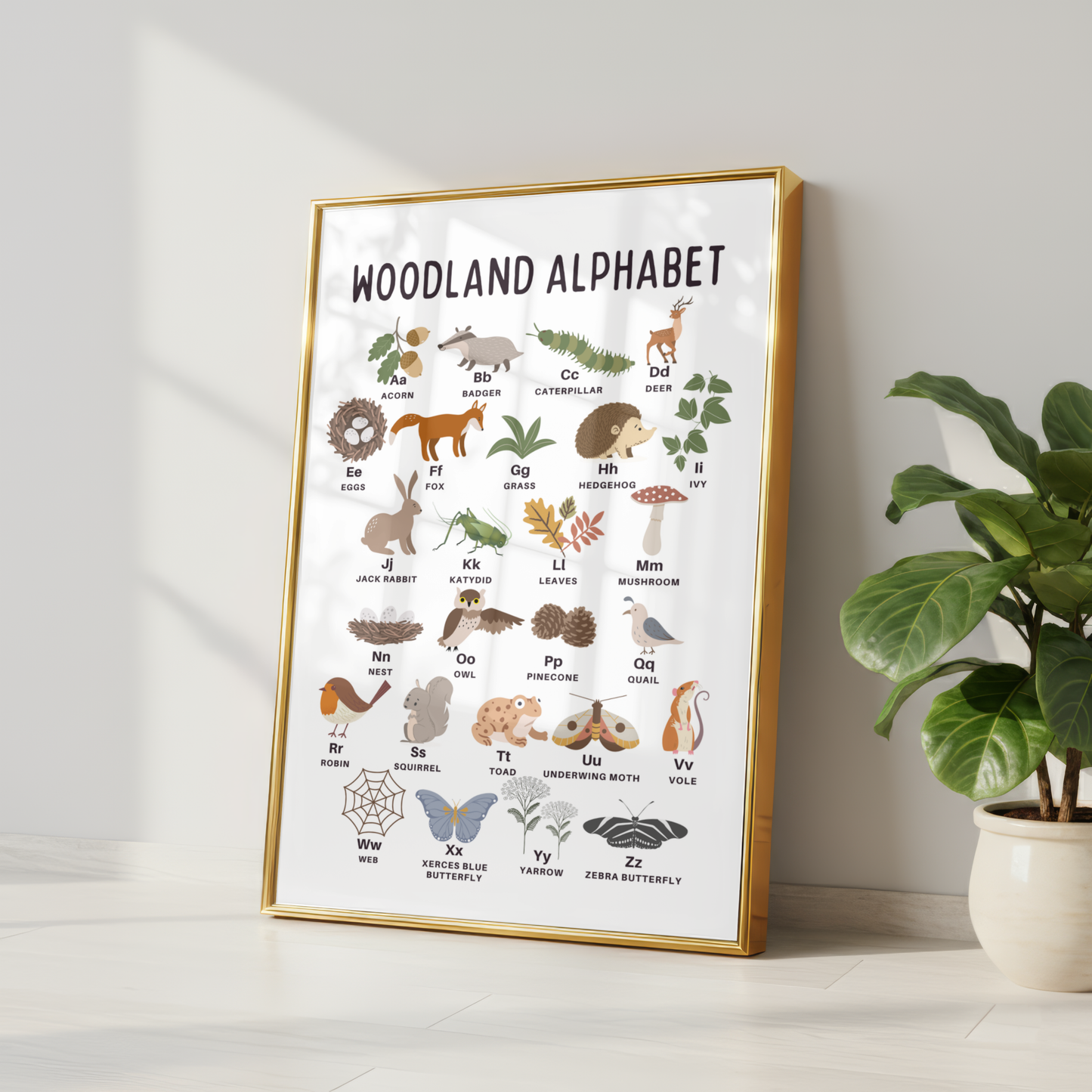 Woodland Alphabet Educational Print - White