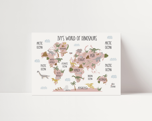 Dinosaur World Map Print - Dusky Pink - Personalisable
