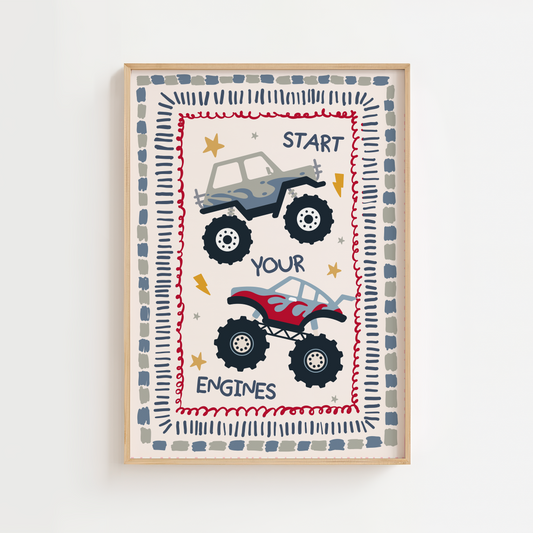 Monster Trucks Print - Sage/Blue/Red