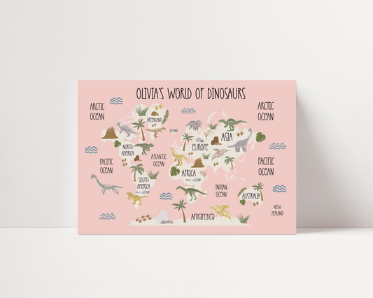 Dinosaur World Map Print - Candy Pink - Personalisable