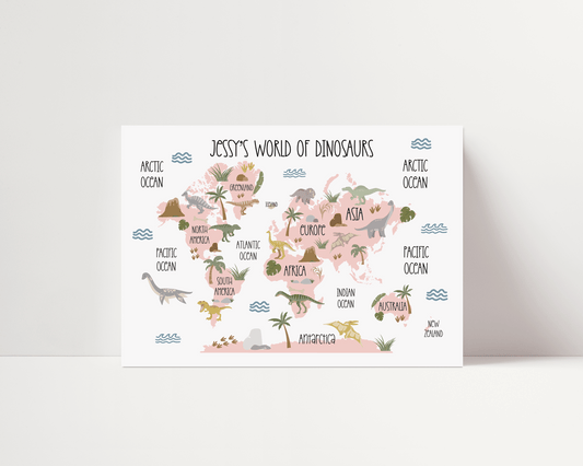 Dinosaur World Map Print - Candy Pink - Personalisable