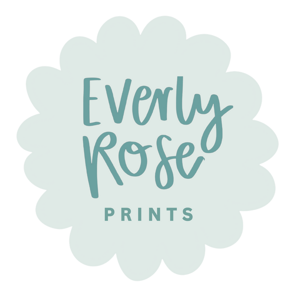 Logo for Everly Rose Prints with a light blue color on a white background