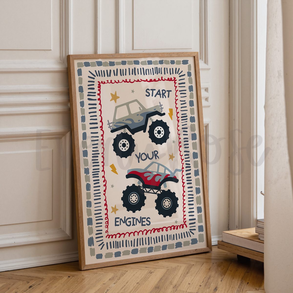 Monster Trucks Print - Sage/Blue/Red