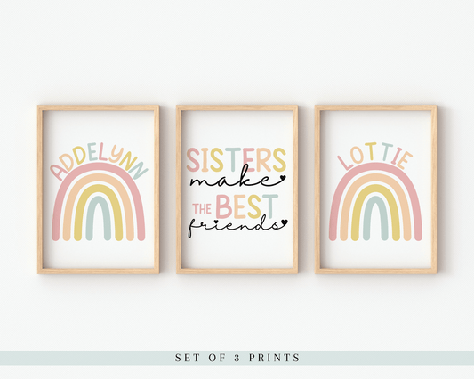 Set Of 3 Personalised Sibling Rainbow Prints