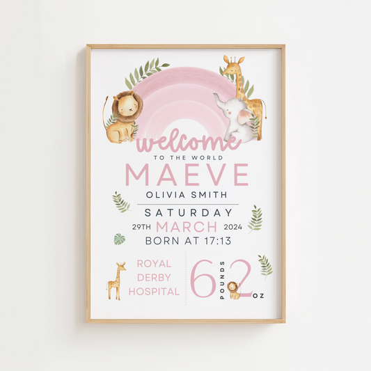 Pink Animal Rainbow Birth Poster