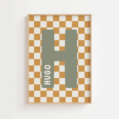 Personalised Checkerboard Initial Print – Mustard & Green