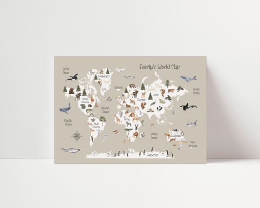 Watercolour World Map - Personalisable - Beige