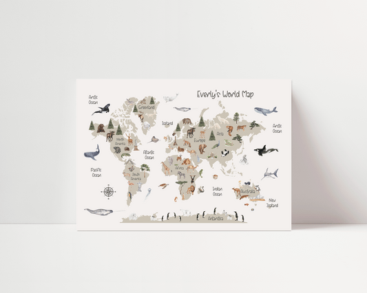Watercolour World Map - Personalisable - Beige