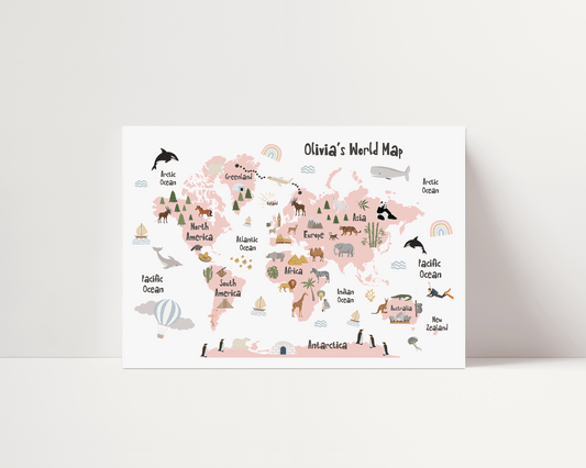 The Original World Map Print - Candy Pink - Personalisable