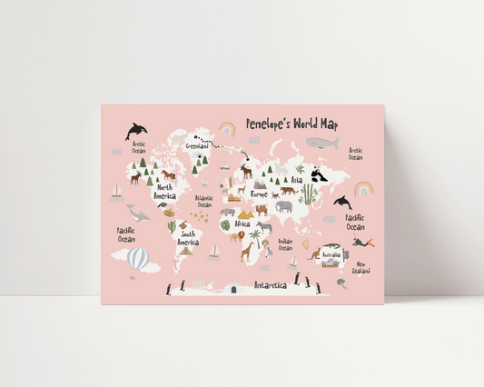 The Original World Map Print - Candy Pink - Personalisable