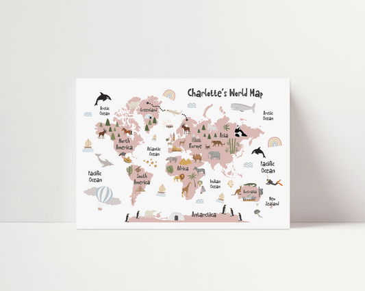 The Original World Map Print - Dusky Pink - Personalisable