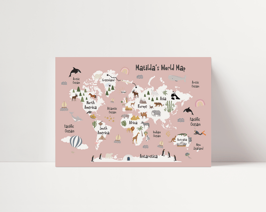 The Original World Map Print - Dusky Pink - Personalisable