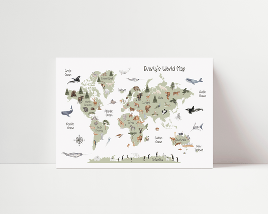 Watercolour World Map - Personalisable - Green