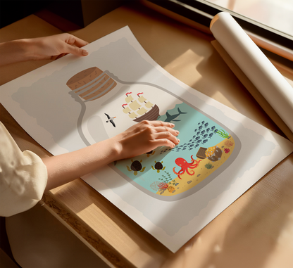 Pirate Bottle Ocean Scene Print