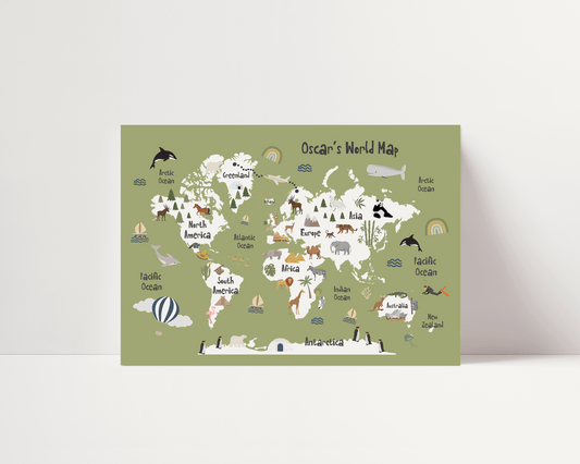 The Original World Map Print - Khaki - Personalisable