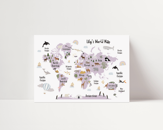The Original World Map Print - Lilac - Personalisable