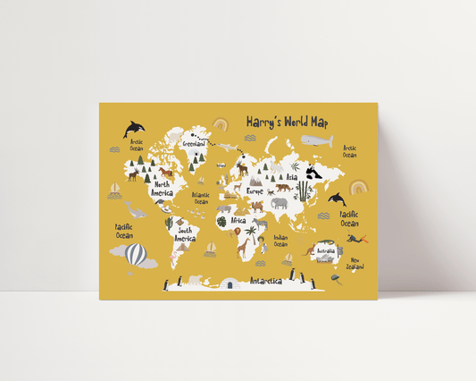 The Original World Map Print - Mustard - Personalisable