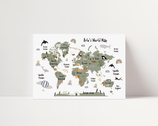 The Original World Map Print - Muted Green - Personalisable