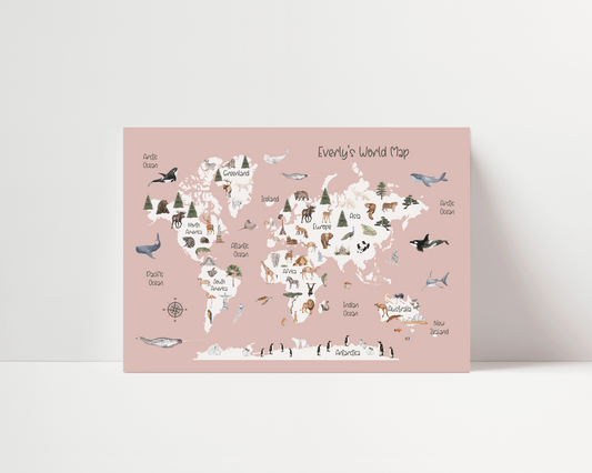 Watercolour World Map - Personalisable - Pink